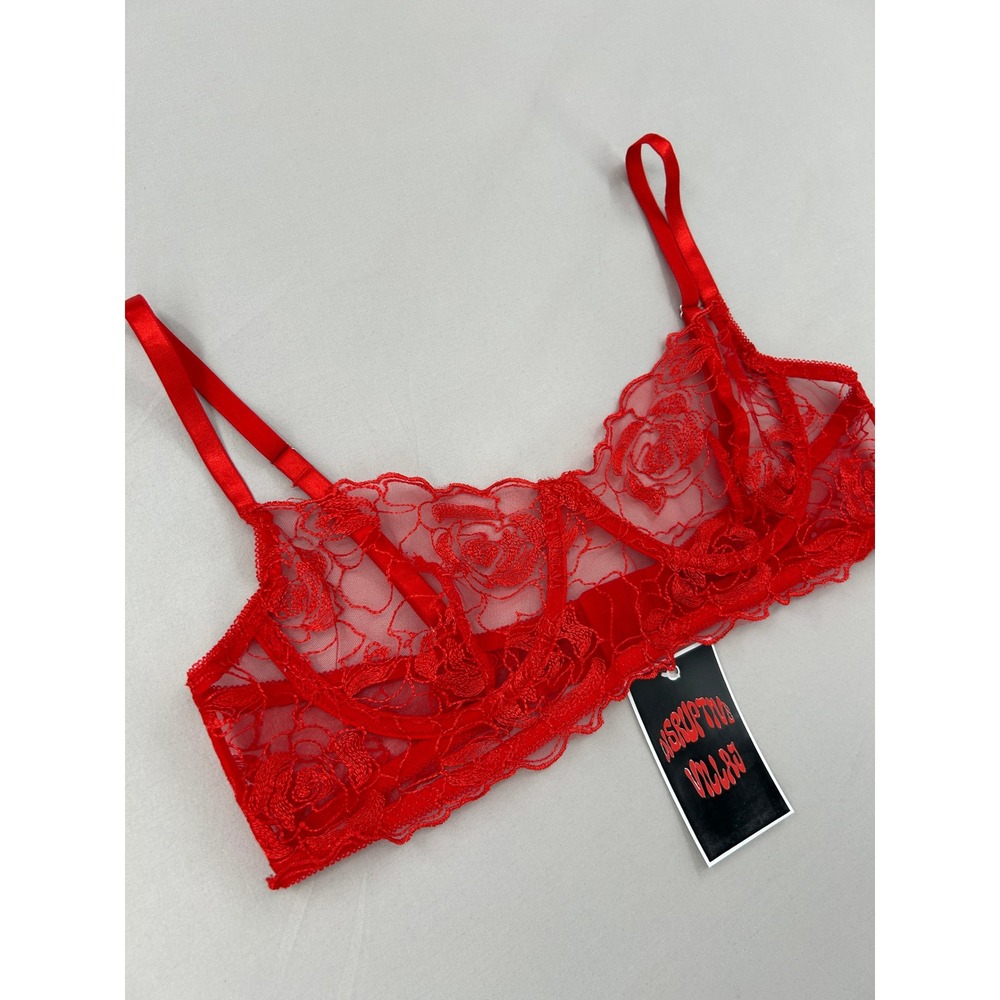 Red Floral Lace Bralette Sheer Mesh Underwire Bra Womens Small